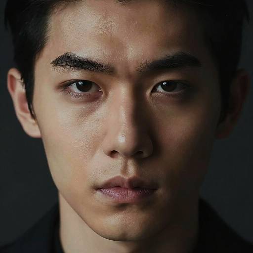 Close-up photograph of a young Asian man with short black hair, dark eyebrows, and intense expression, set against a dark background.