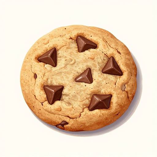 Photorealistic image of a round, golden-brown chocolate chip cookie with five triangular chocolate pieces, slightly cracked, on a white background.
