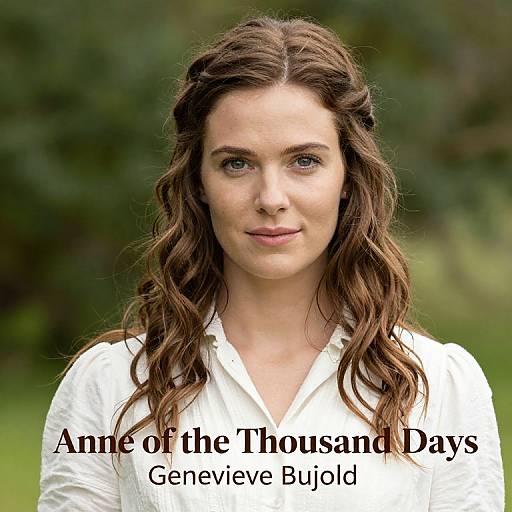 Photograph of Anne of the Thousand Days' Genevieve Bujold with wavy brown hair, white blouse, green blurred background, text below