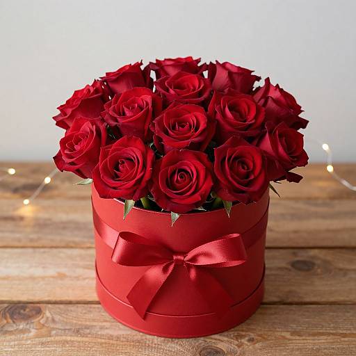 Photograph of a round red ribbon-wrapped bouquet of vibrant red roses on a wooden table with soft fairy lights in the background.
