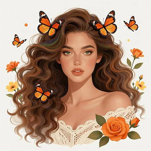 Whimsical Woman with Butterflies and Patterns