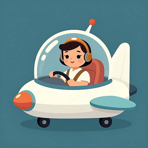 Cartoon-style drawing of a young Asian boy with black hair, wearing a white shirt and orange headphones, flying a small white rocket plane with a clear