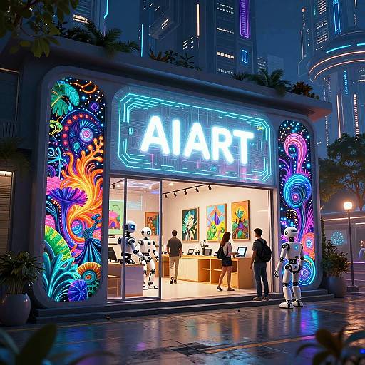 Futuristic AI Art Shop Exterior Night