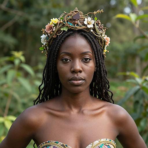 Photograph of a dark-skinned woman with long braids, wearing a floral crown and gold strapless top, set against a lush green forest background