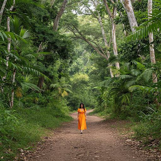 Photograph of a woman in an orange robe walking down a dirt path through lush, green tropical forest with tall trees.