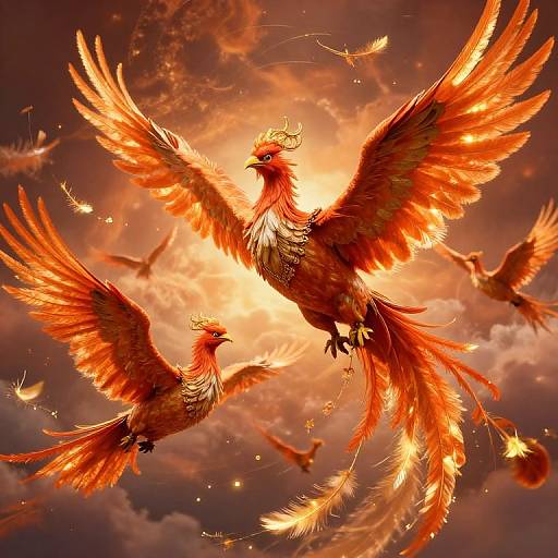 Digital artwork of two fiery, vibrant red and orange phoenixes with outstretched wings, surrounded by glowing feathers against a dramatic, cloudy sky.
