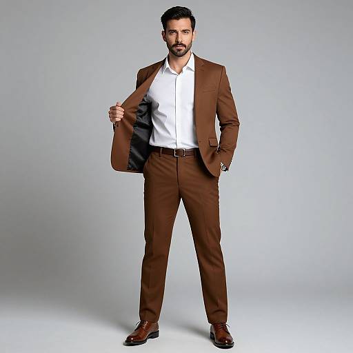Photograph of a handsome man with dark hair and beard, wearing a brown suit, white shirt, and brown shoes, standing confidently against a plain gray