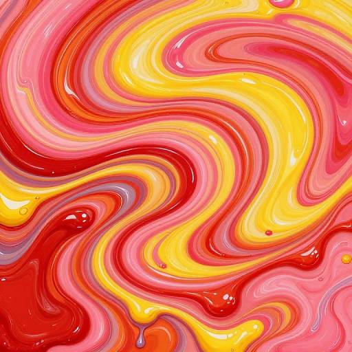 Abstract digital painting with swirling patterns of red, yellow, and pink, featuring glossy, fluid textures and vibrant, dynamic colors.