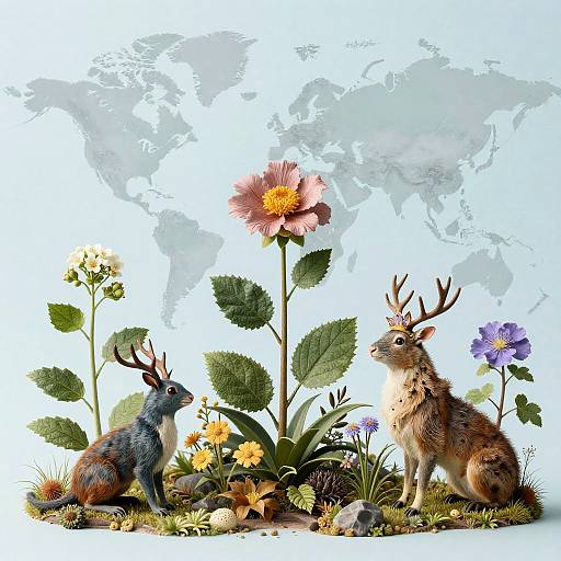 Surreal Botanical Illustration with Jackrabbits and World Map
