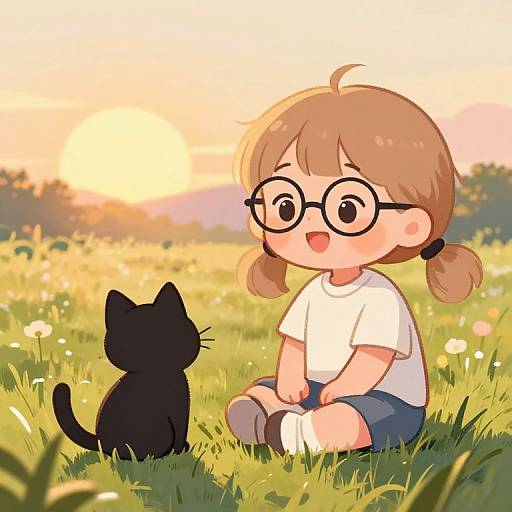Kawaii Girl and Black Cat at Sunrise