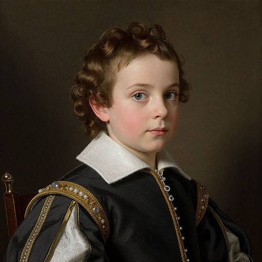 Photorealistic painting of a young boy with curly brown hair, blue eyes, wearing a detailed black and gold Renaissance-style shirt.