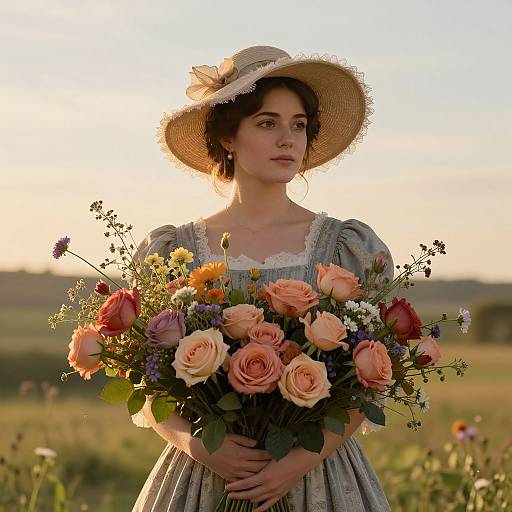 Photograph of a young woman in a blue-gray Victorian dress and straw hat, holding a vibrant bouquet of roses and wildflowers, standing in a sun