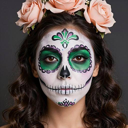 Photograph of a young woman with white face paint, green and black sugar skull makeup, wearing a pink flower crown, dark wavy hair, against