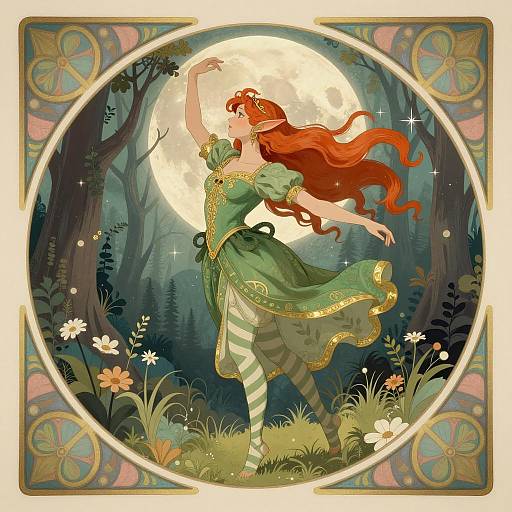 Whimsical Elf Dancing Under Full Moon