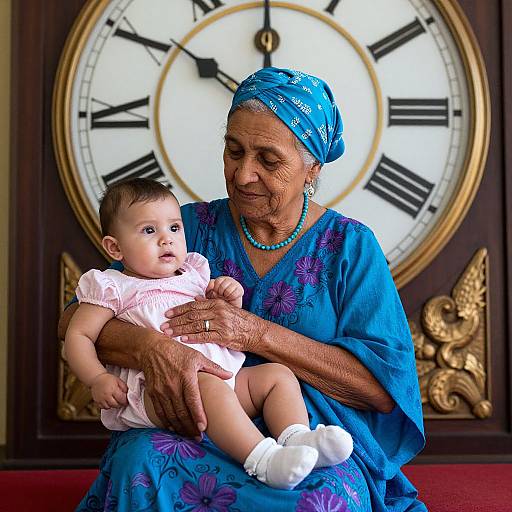 Photograph of an elderly African woman in a blue floral dress and headscarf, holding a baby in a pink dress, against a large clock background