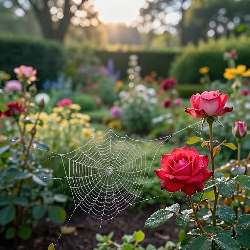 Photograph of a delicate spider web with dewy red roses in a sunlit, vibrant garden, blurred greenery and flowers in the background.