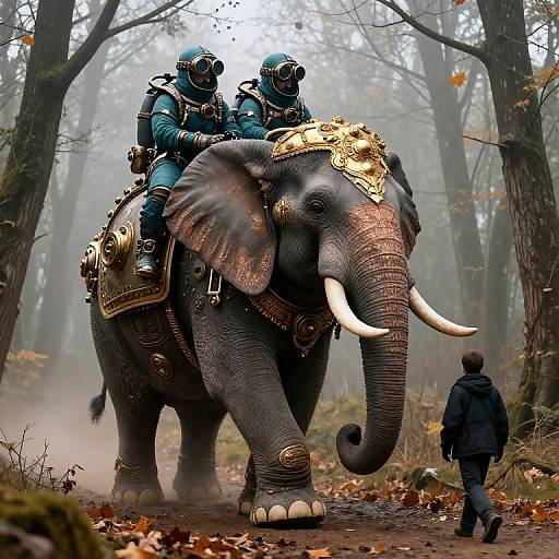 Digital art: Two armored, gas-masked riders on an ornate, steampunk elephant with large tusks, walking through a foggy,