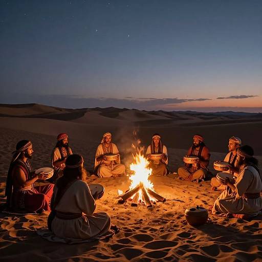 Photograph of seven people in traditional desert attire, sitting around a glowing campfire in a sandy desert at dusk, under a starry sky.