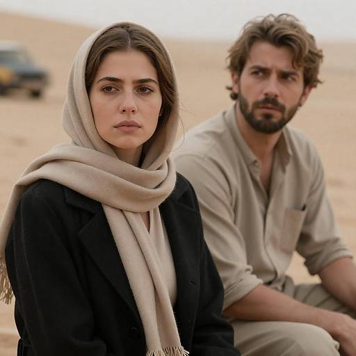 Serious Couple Sitting in Desert Setting