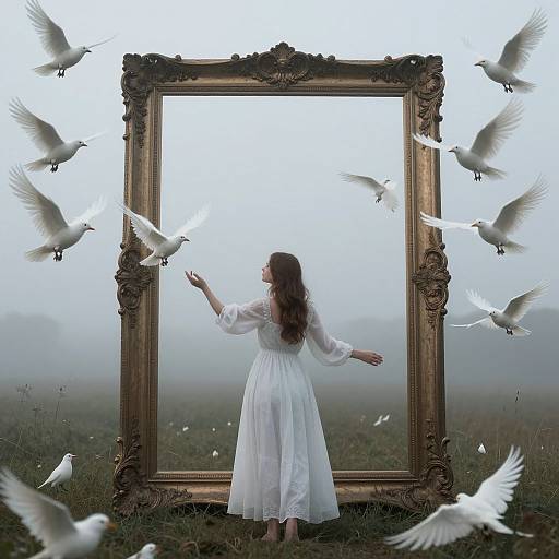 Photograph of a woman in a white dress standing before an ornate, empty frame, surrounded by flying white doves in a misty field.