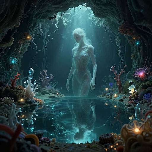 Digital fantasy artwork of a glowing, ethereal, nude female figure standing in a bioluminescent underwater cave surrounded by glowing plants and mushrooms.