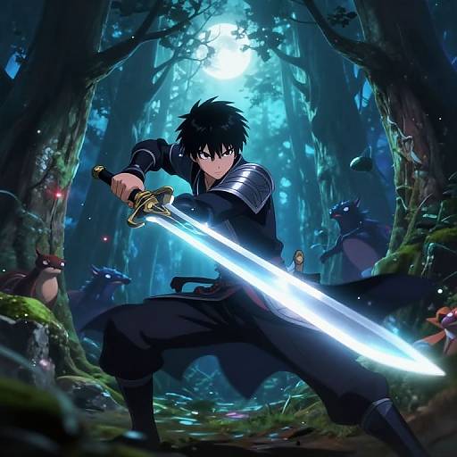 Digital anime-style artwork of a black-haired warrior with glowing sword, armored shoulder, and determined expression in a mystical, moonlit forest.
