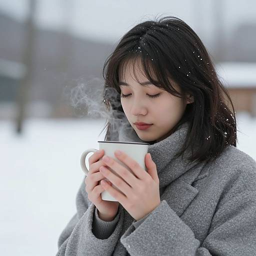 Photograph of an Asian woman with fair skin, black hair, and closed eyes, holding a steaming white mug in a snowy outdoor setting, wearing