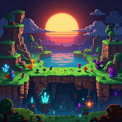 Vibrant digital artwork of a sunset over a magical, pixelated landscape with colorful creatures, glowing crystals, and floating grassy islands.