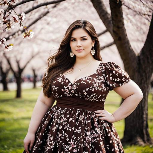 Plus Size Woman in Floral Dress Among Cherry Blossoms