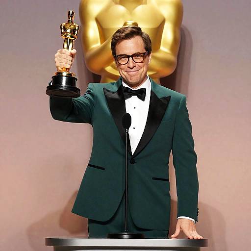 Man in Green Tuxedo Holding Oscar