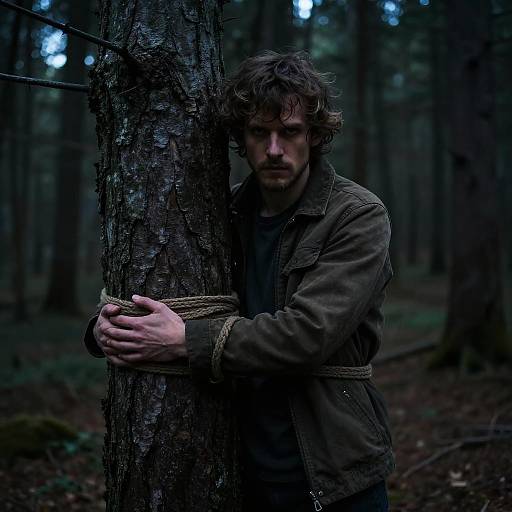 Man Tied to Tree in Dark Forest