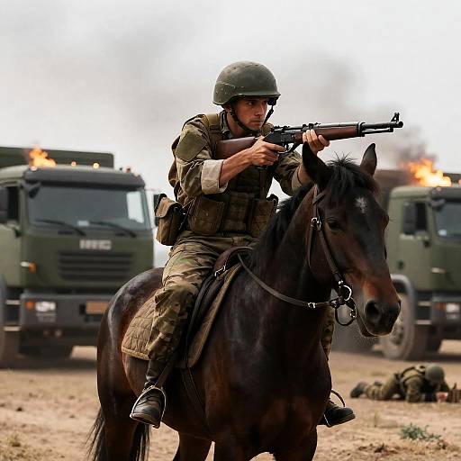 Soldier on Horseback Aiming Rifle in Military Scene