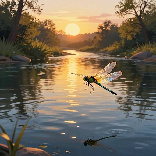 Photograph of a dragonfly with translucent wings hovering above a calm, reflective stream at sunset, surrounded by trees and rocks.