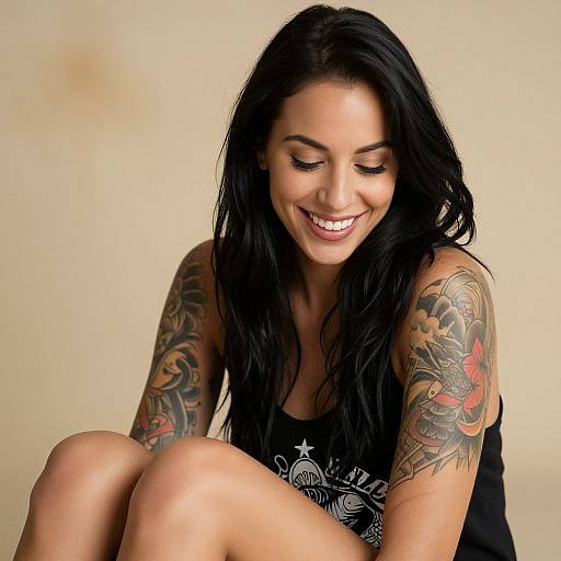 Photograph of a smiling woman with long black hair, tattooed arms, and wearing a black tank top, sitting against a beige background.