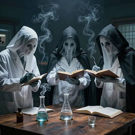 Three ghostly, hooded figures in white lab coats reading books, surrounded by smoky vials, in a dimly lit, eerie laboratory.