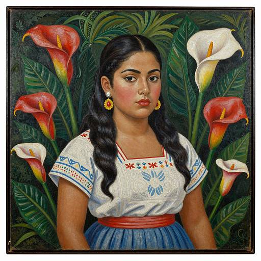 Painting of a young Latina woman with long black hair, wearing a white embroidered blouse and blue skirt, surrounded by red and white calla lilies