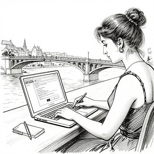 Black-and-white sketch of a woman with hair in a bun, wearing a sleeveless top, typing on a laptop by a riverside, with a