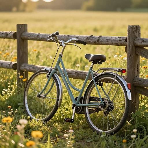 Photograph of a teal vintage bicycle with black seat and handlebars, leaning against a wooden fence in a sunlit meadow with yellow flowers and green