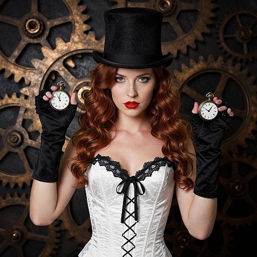 Steampunk woman with red curls, black top hat, white corset, black gloves, holding pocket watches, against a gear-filled background.