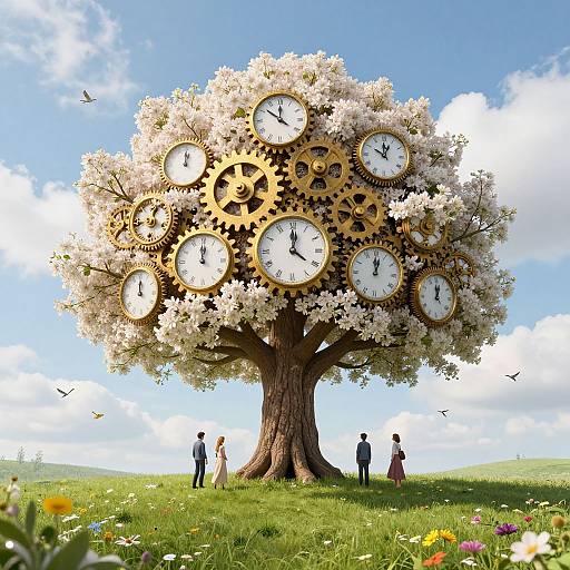 Fantasy photograph of a tree with clock faces as leaves, surrounded by people in elegant clothes, under a bright blue sky.