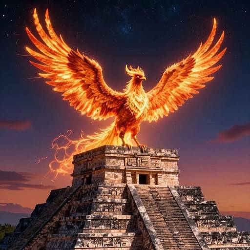 Photograph of a fiery, glowing phoenix with outstretched wings standing atop an ancient, pyramid-like stone structure against a twilight sky.