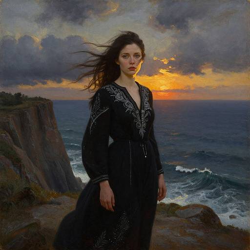Photorealistic painting of a windswept brunette woman in a black embroidered dress, standing on a cliff at sunset, with ocean waves and dramatic clouds