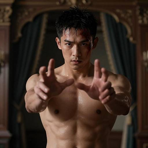 Bloodied Asian Man Reaching Forward