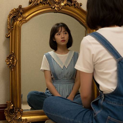 Asian woman with short black hair, wearing blue pinafore dress over white shirt, sits cross-legged in front of ornate gold mirror, reflecting her