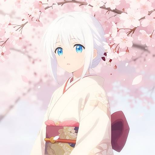 Anime-style digital drawing of a white-haired girl with blue eyes, wearing a white kimono with a pink and gold obi, surrounded by pink cherry