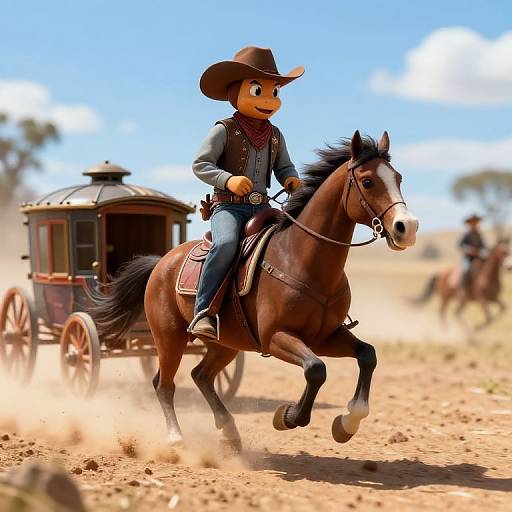 CGI image of a cartoon cowboy in a brown hat and vest, riding a galloping horse, pulling a wooden stagecoach through a dusty,