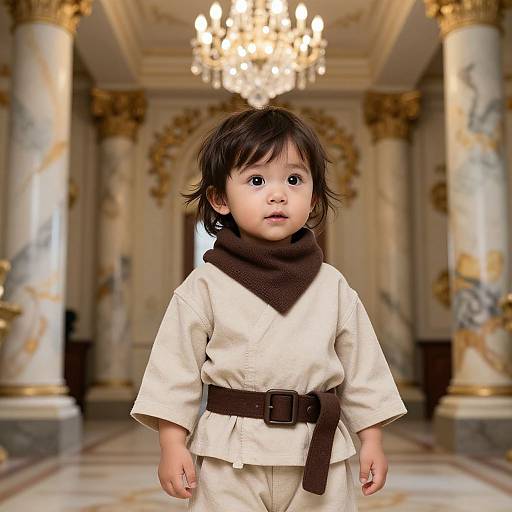 Photorealistic image of an Asian toddler with dark hair, wearing a beige karate outfit, brown belt, and scarf, standing in an ornate