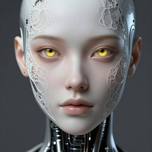 CGI portrait of a pale-skinned, bald, android woman with glowing yellow eyes, intricate white lace patterns on her face, and a metallic neck