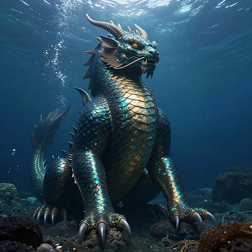 Digital artwork of a majestic, blue and gold-scaled dragon with sharp horns, glowing eyes, and claws, sitting on a rocky ocean floor, underwater