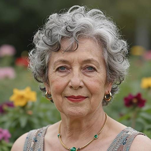 Elegant older woman with curly gray hair in garden